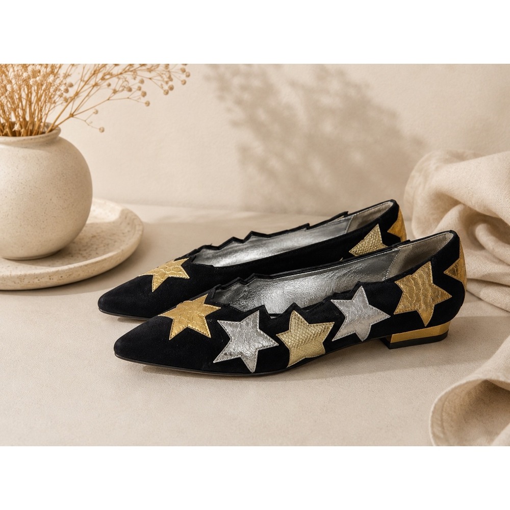 Claudio Merazzi Womens Black Suede Metallic Star Pointed Toe Flats Size 9 Italy